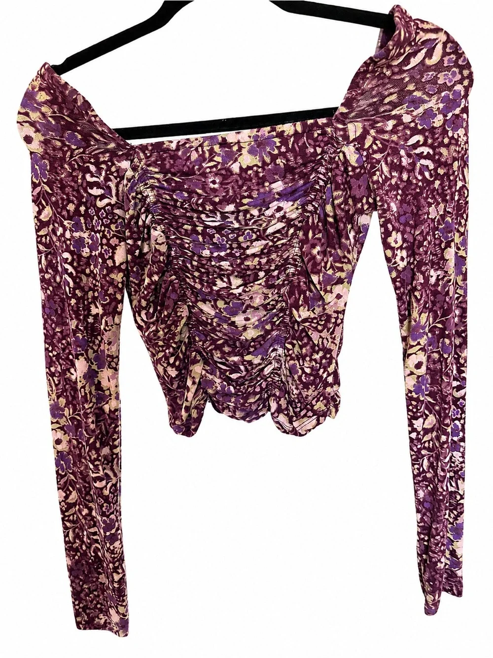 Free People Purple and Cream Floral Lace-Trim Crop Top